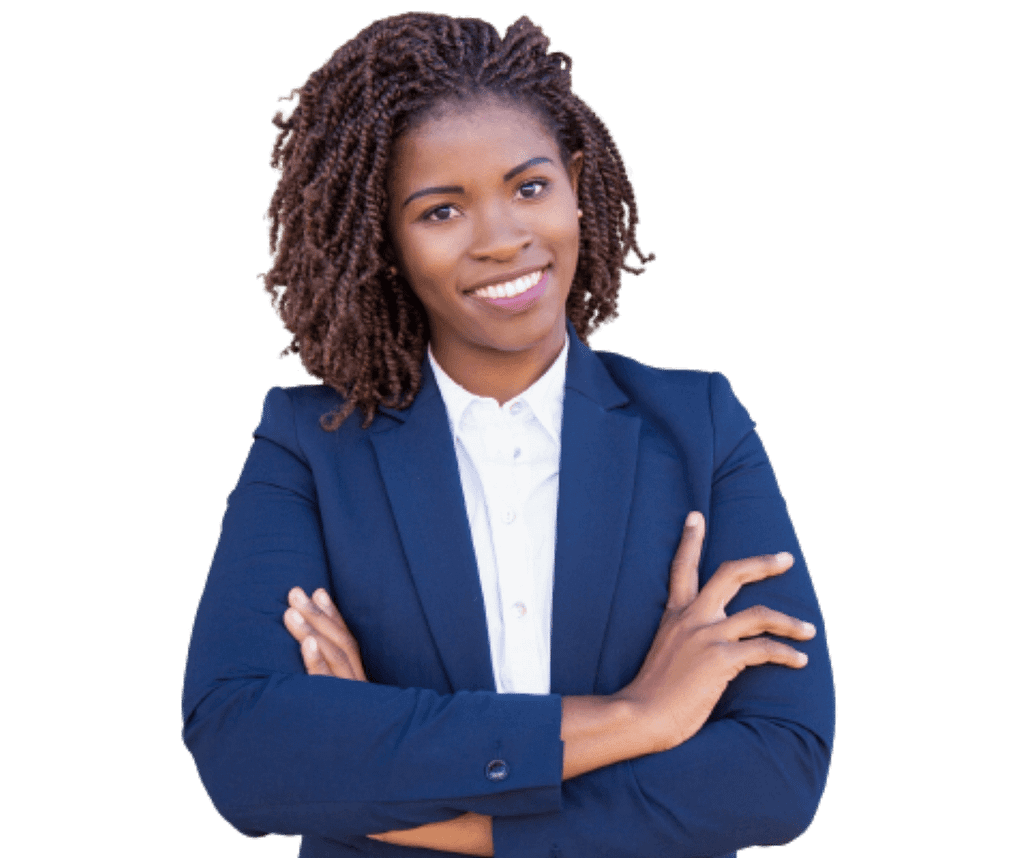 Black business woman in blue blazer and white shirt with her arms folded